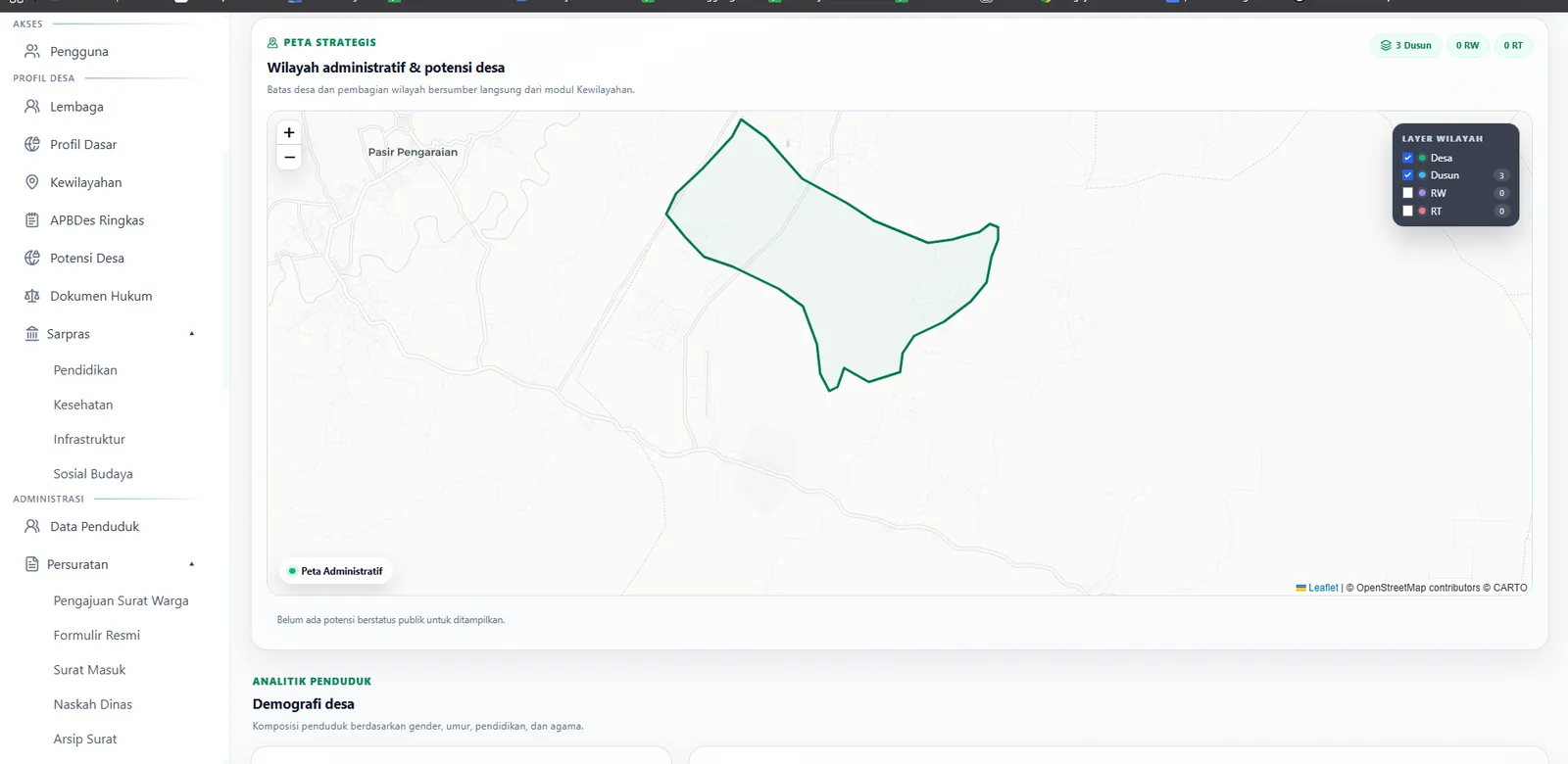 Desa Terpadu administrative dashboard and territorial map.