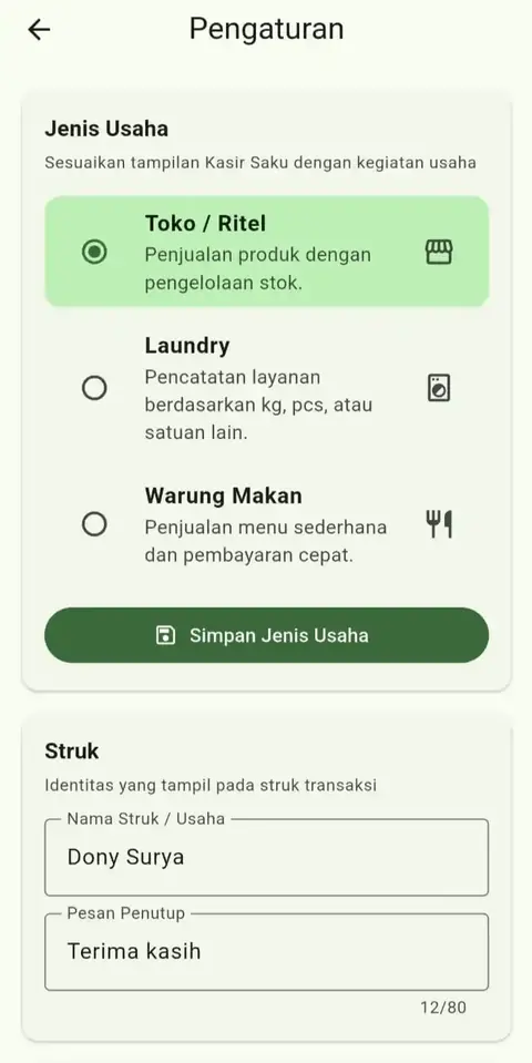 Kasir Saku business settings and point of sale screen.