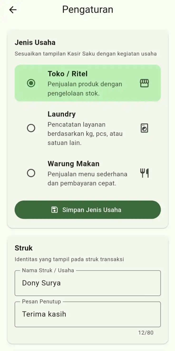 Kasir Saku business settings and point of sale screen.