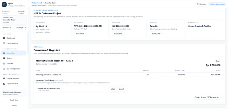 Dashboard Opsira untuk workflow konveksi yang menampilkan HPP project, penawaran dan negosiasi, invoice, kwitansi, serta surat jalan.