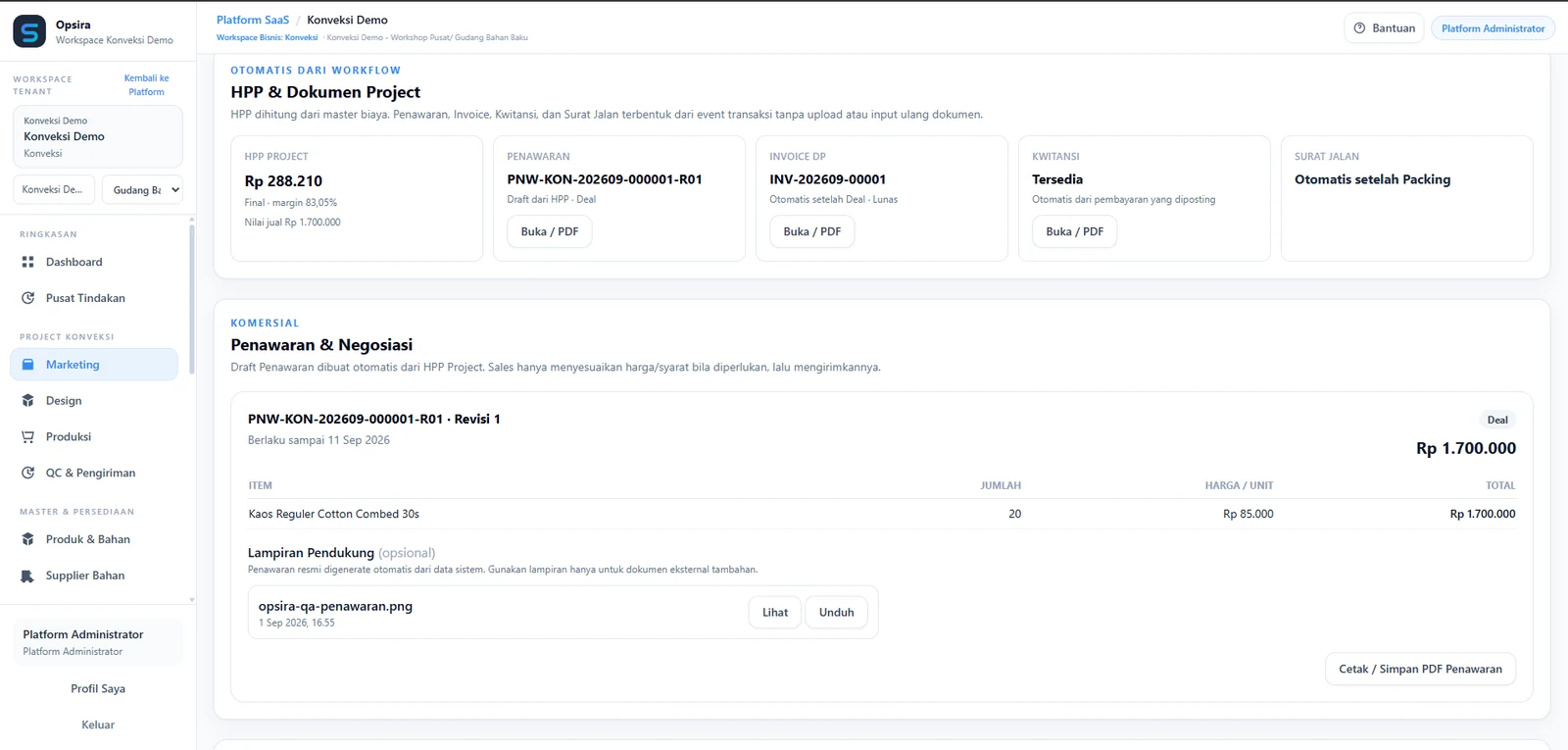 Dashboard Opsira untuk workflow konveksi yang menampilkan HPP project, penawaran dan negosiasi, invoice, kwitansi, serta surat jalan.